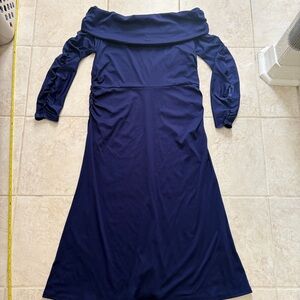 Cute Elegant Off the shoulder navy blue 3/4 sleeve stretch midi Dress size XL
